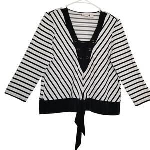 Chico's Women's Black & White Stripped Blouse Midriff Tie 3/4 Sleeves Size 0/S4